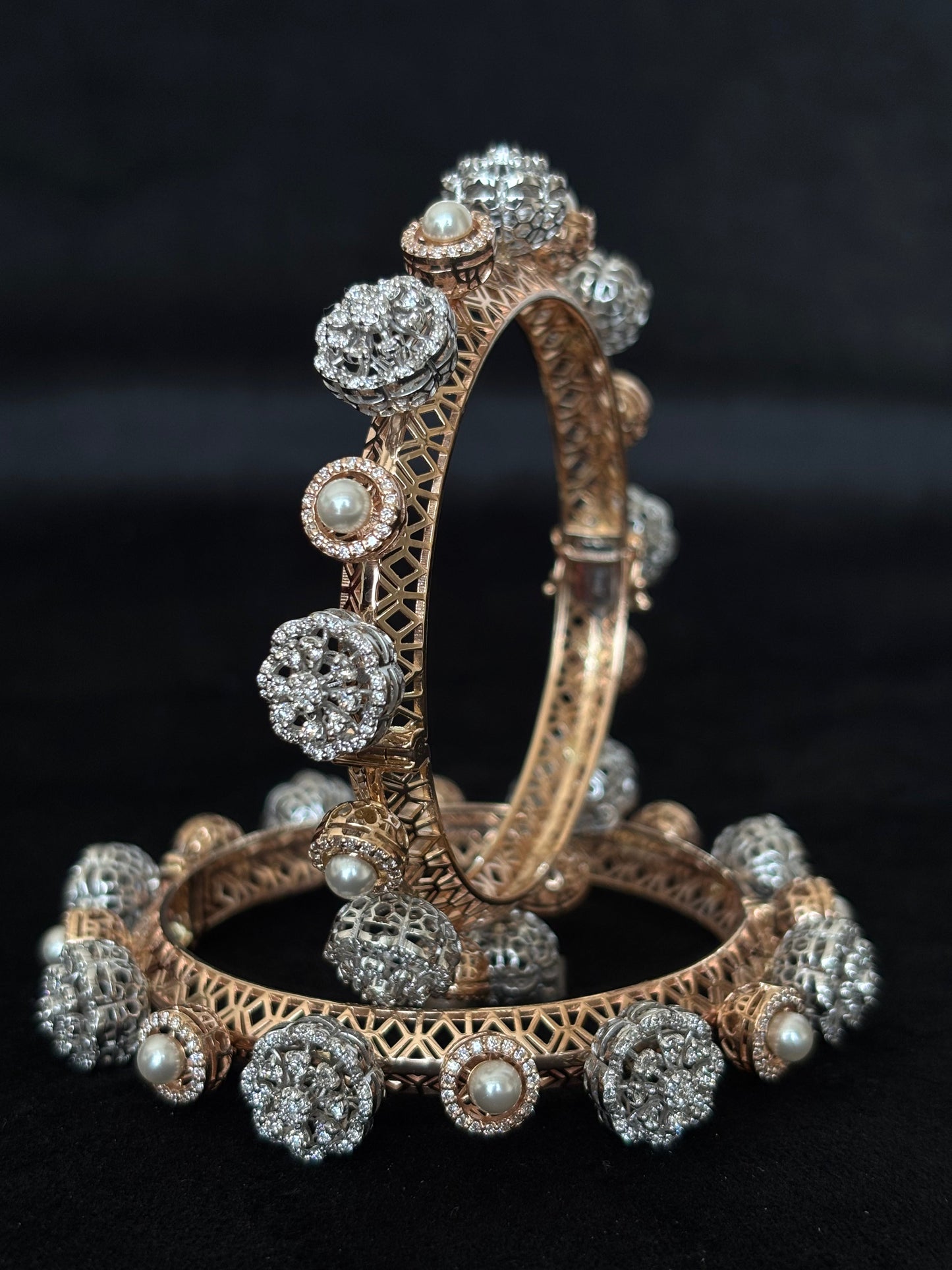 14K Gold Diamond and Pearl Bangle Bracelets (Set of 2) , IGI Certified 7.11 ct Diamonds, 57.664g Net Gold