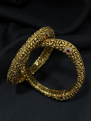 22K Gold Antique Conch Motif Bangles with Ruby Accents - Traditional Indian Jewelry 22K Gold Antique Conch Motif Bangles with Ruby Accents - Traditional Indian Jewelry