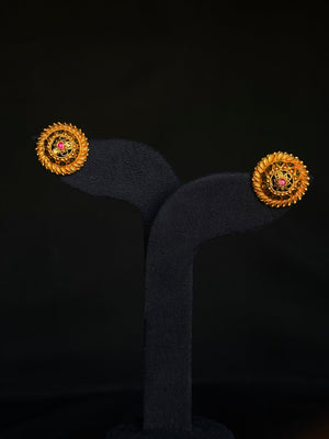 Artisan 22K Gold Circular Stud Earrings with Gemstone Accent. Artisan 22K Gold Circular Stud Earrings with Gemstone Accent.