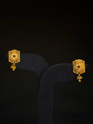 22K Gold Square Stud Earrings with Dangling Beads & Intricate Design 22K Gold Square Stud Earrings with Dangling Beads & Intricate Design
