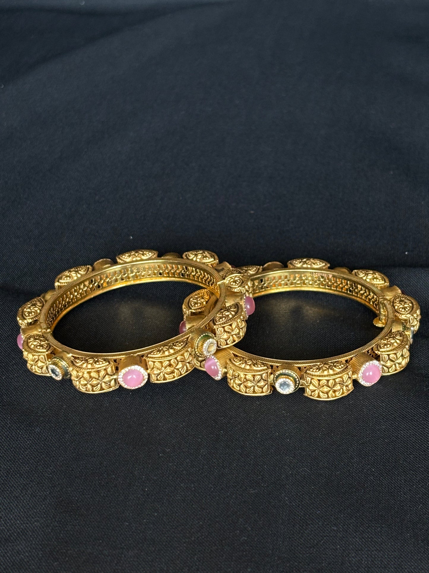22KT Gold Antique Bangles with Ruby and CZ Accents