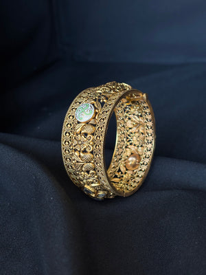22K Gold Antique Temple Design Bangles with Ruby and CZ Embellishments 22K Gold Antique Temple Design Bangles with Ruby and CZ Embellishments