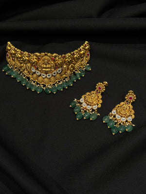 22K Gold Antique Lakshmi Devi Choker Necklace Set with Emerald & Ruby Accents 22K Gold Antique Lakshmi Devi Choker Necklace Set with Emerald & Ruby Accents
