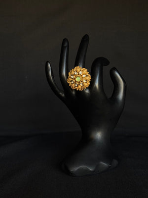 22K Gold Floral Kundan Ring with Pearl & Gemstone Accents 22K Gold Floral Kundan Ring with Pearl & Gemstone Accents