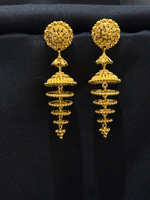 22K Gold Designer Jhumka Earrings - Intricate Spiral Drop Design 22K Gold Designer Jhumka Earrings - Intricate Spiral Drop Design