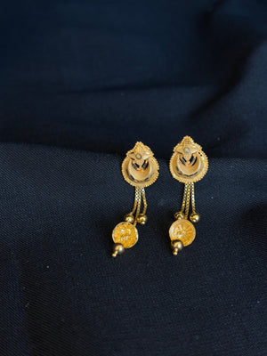 22K Gold Traditional Floral Drop Earrings with Coin Charms 22K Gold Traditional Floral Drop Earrings with Coin Charms