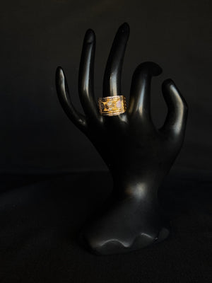 22K Gold Band Ring with Geometric Pattern & Black Accent 22K Gold Band Ring with Geometric Pattern & Black Accent