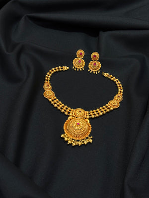 22K Gold Antique Necklace & Earrings Set with Ruby Accents - Traditional Indian 22K Gold Antique Necklace & Earrings Set with Ruby Accents - Traditional Indian