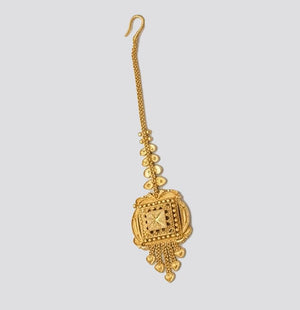 Elegant 22KT Gold Heart-Shaped Maang Tikka with Ruby & Pearl Drop Elegant 22KT Gold Heart-Shaped Maang Tikka with Ruby & Pearl Drop