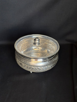 92.5 Sterling Silver Dry Fruit Bowl with Glass Lid - Hand-Engraved 92.5 Sterling Silver Dry Fruit Bowl with Glass Lid - Hand-Engraved