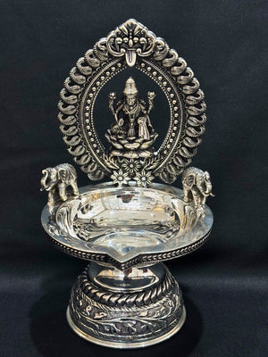 Silver Laxmi Idol Diva/ Deepak with Antique Finish Silver Laxmi Idol Diva/ Deepak with Antique Finish