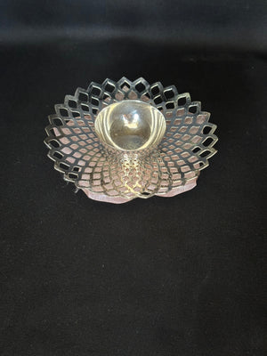92.5 Sterling Silver Diya with Lattice Cutout Plate & Stone Base 92.5 Sterling Silver Diya with Lattice Cutout Plate & Stone Base