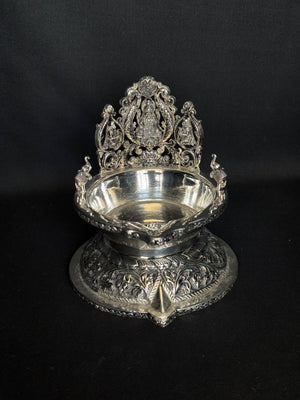 92.5 Sterling Silver Divine Deepam - Lakshmi Engraved Puja Lamp 92.5 Sterling Silver Divine Deepam - Lakshmi Engraved Puja Lamp