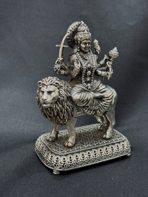 Silver Durga Ji Sherawali Murti with High Antique Finish Divine Idol Silver Durga Ji Sherawali Murti with High Antique Finish Divine Idol