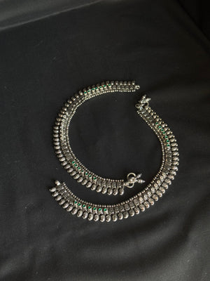92.5 Sterling Silver Oxidized Anklets with Green Stone Accents - Traditional Indian Jewelry 92.5 Sterling Silver Oxidized Anklets with Green Stone Accents - Traditional Indian Jewelry