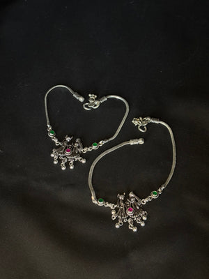 92.5 Sterling Silver Oxidized Peacock Anklets with Stone Accents - Traditional Indian Jewelry 92.5 Sterling Silver Oxidized Peacock Anklets with Stone Accents - Traditional Indian Jewelry