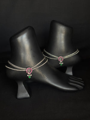 92.5 Sterling Silver Cutstone Payal/ Anklets with Ruby Accents - Traditional Indian Jewelry 92.5 Sterling Silver Cutstone Payal/ Anklets with Ruby Accents - Traditional Indian Jewelry