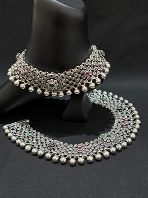 Silver Bridal Payal With Antique Finish, Stone Setting and Jodhpuri Style Anklet Pair Silver Bridal Payal With Antique Finish, Stone Setting and Jodhpuri Style Anklet Pair