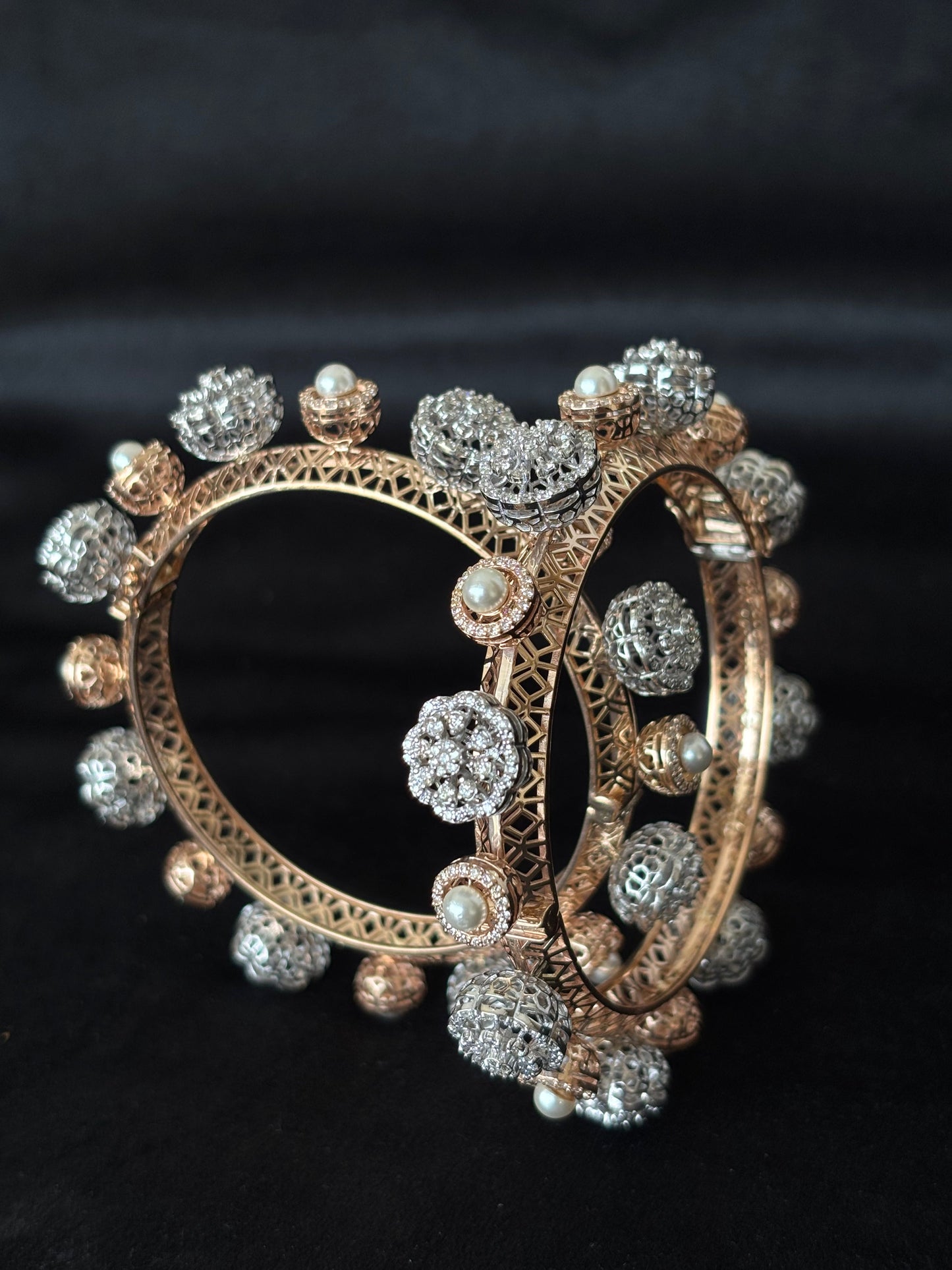 14K Gold Diamond and Pearl Bangle Bracelets (Set of 2) , IGI Certified 7.11 ct Diamonds, 57.664g Net Gold