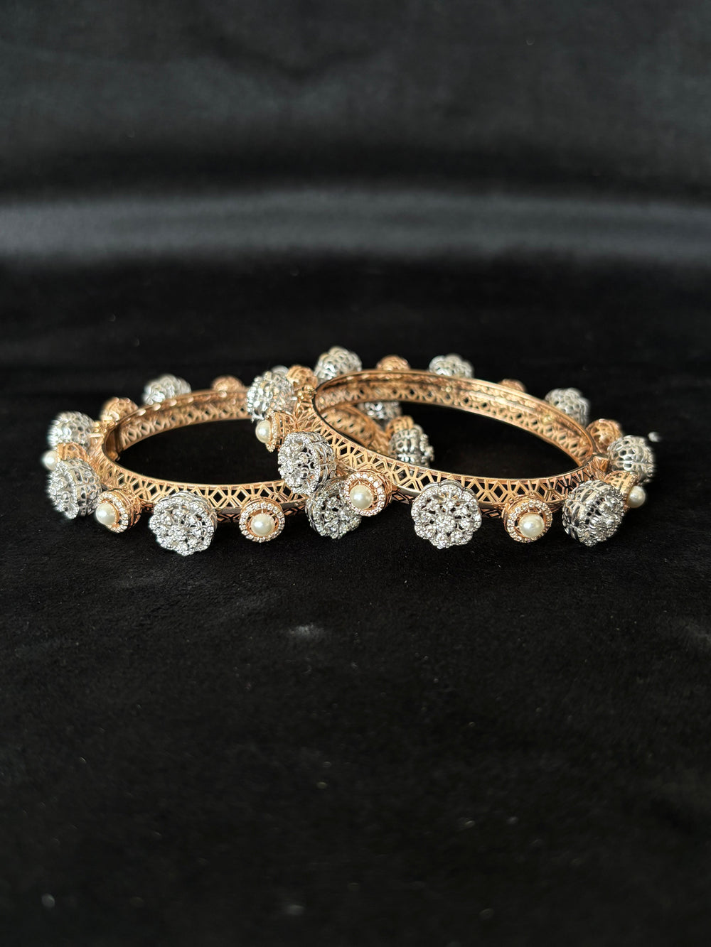 14K Gold Diamond and Pearl Bangle Bracelets (Set of 2) , IGI Certified 7.11 ct Diamonds, 57.664g Net Gold