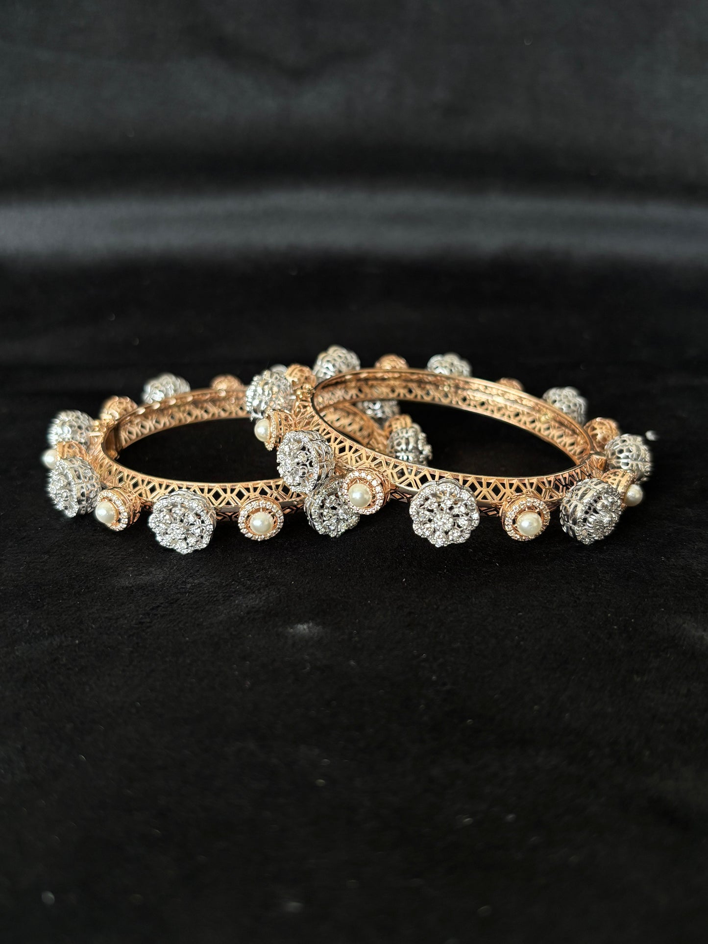 14K Gold Diamond and Pearl Bangle Bracelets (Set of 2) , IGI Certified 7.11 ct Diamonds, 57.664g Net Gold