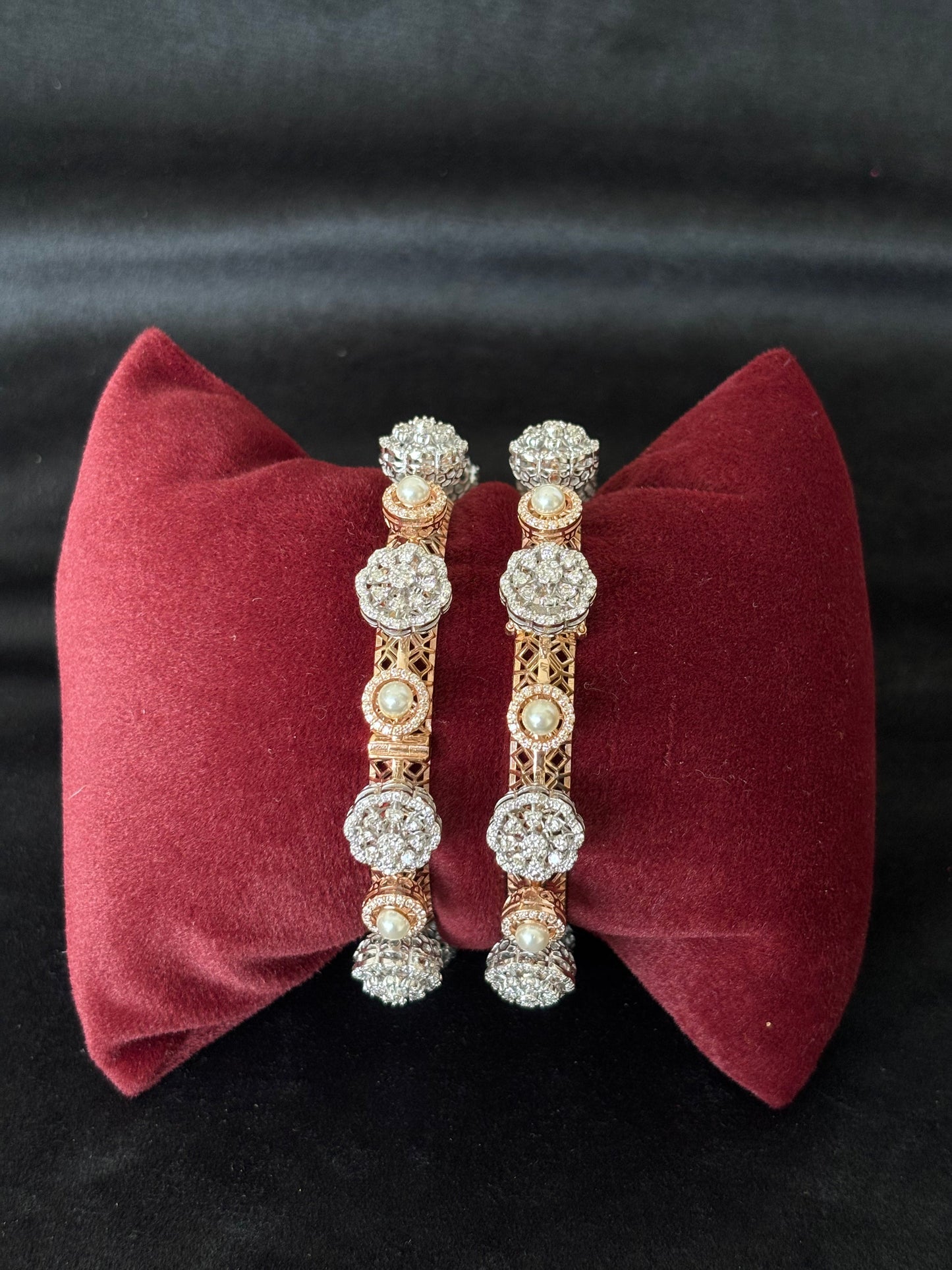 14K Gold Diamond and Pearl Bangle Bracelets (Set of 2) , IGI Certified 7.11 ct Diamonds, 57.664g Net Gold