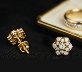 14kt Gold Hexagonal Floral Diamond Studs | IGI Certified Diamonds, Gross Wt: 3.71, Net Wt: 3.472, Diamond. Wt 1.19