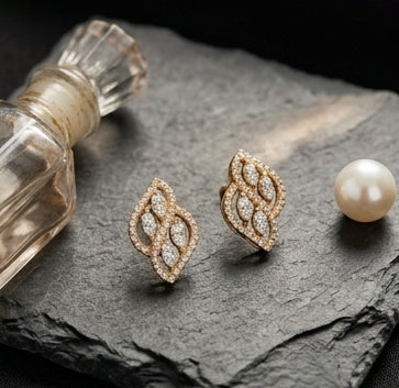 Elegant 14kt Gold Leaf-Inspired Diamond Stud Earrings | IGI Certified, Gross Wt: 2.53, Net Wt: 2.434, Diamond. Wt 0.48