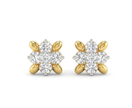 Ornate 14kt Gold Royal Diamond Cluster Studs | IGI Certified, Gross Wt: 0.99, Net Wt: 0.946, Diamond. Wt 0.22