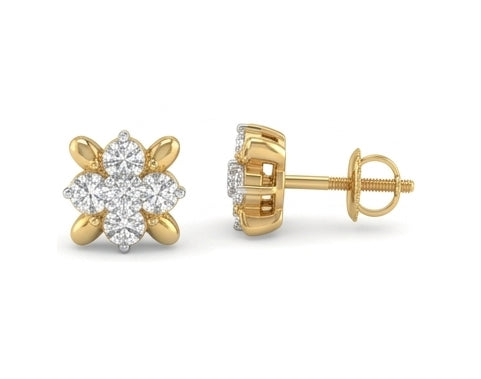 Ornate 14kt Gold Royal Diamond Cluster Studs | IGI Certified, Gross Wt: 0.99, Net Wt: 0.946, Diamond. Wt 0.22