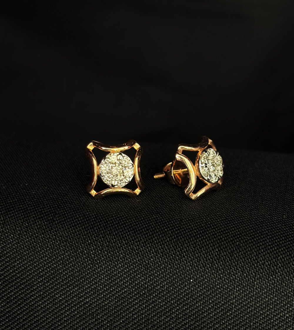 Art Deco Concave Square Diamond Earrings | Vintage Style 14K Gold Studs, Gross Wt: 2.64, Net Wt: 2.54, Diamond. Wt 0.5