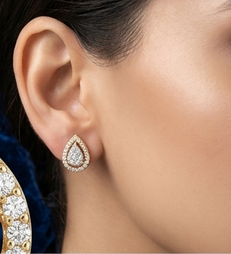 Timeless 14K Gold Pear Diamond Halo Studs | Classic Teardrop Earrings, Gross Wt: 1.91, Net Wt: 1.822, Diamond. Wt 0.44
