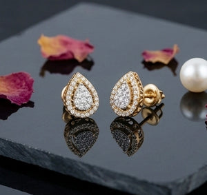 Timeless 14K Gold Pear Diamond Halo Studs | Classic Teardrop Earrings, Gross Wt: 1.91, Net Wt: 1.822, Diamond. Wt 0.44