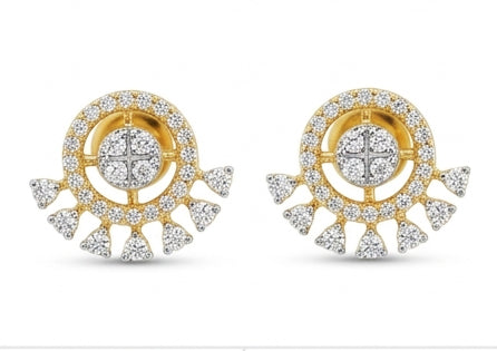 Radiant Diamond Sunburst Fan Earrings | 14K Yellow Gold Fringe Studs, Gross Wt: 2.39, Net Wt: 2.314, Diamond. Wt 0.38