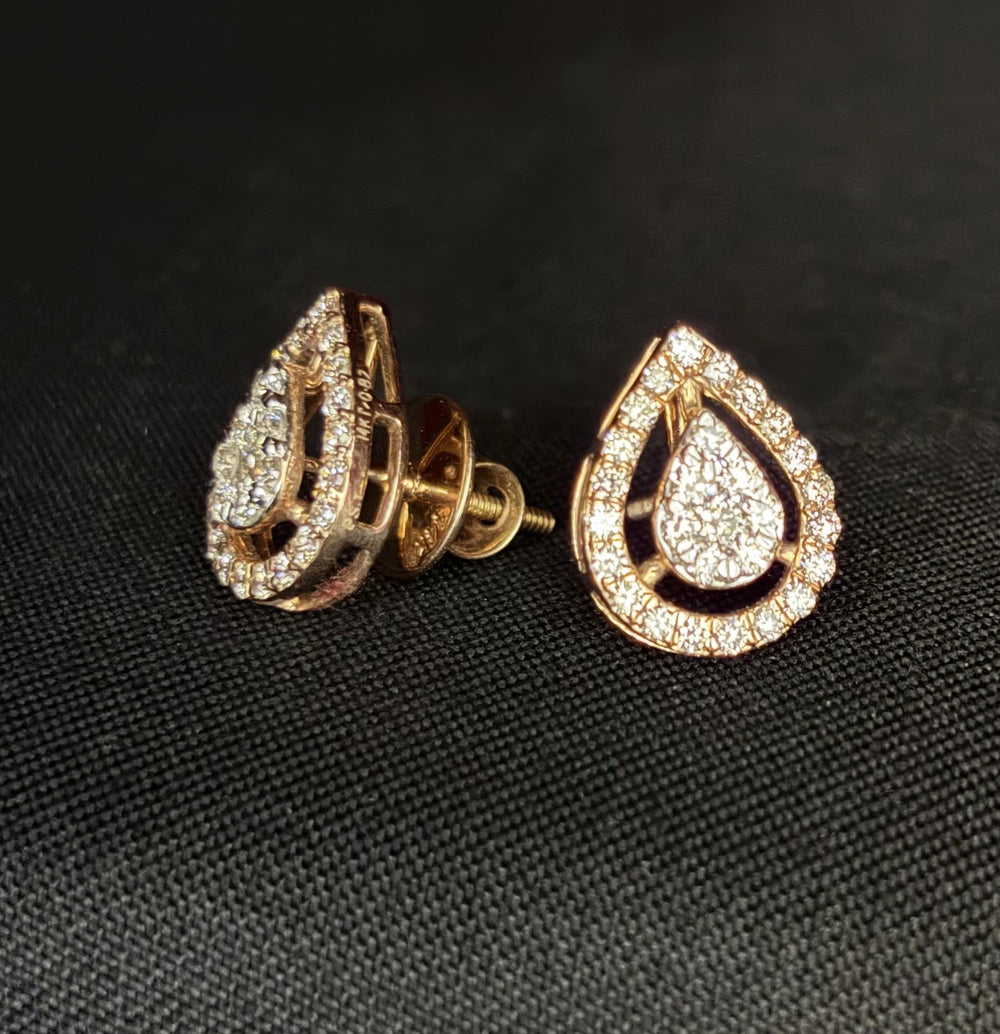 Elegant Rose Gold Teardrop Diamond Halo Earrings | 14KT Pear Cluster Studs, IGI certified, Gross Wt: 3.51, Net Wt: 3.346, Diamond. Wt 0.82