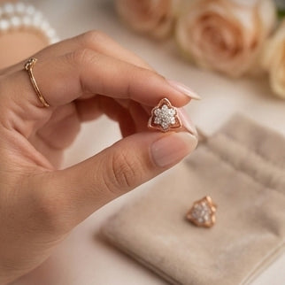 Vintage-Inspired 14K Gold Floral Lace Diamond Earrings | Open-Work Studs, Gross Wt: 2.65, Net Wt: 2.544, Diamond. Wt 0.53