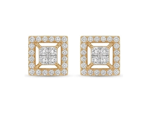 Bold 14K Gold Hexagonal Diamond Earrings | Geometric Halo Cluster Studs, Gross Wt: 3.3, Net Wt: 3.14, Diamond. Wt 0.8