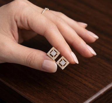 Bold 14K Gold Hexagonal Diamond Earrings | Geometric Halo Cluster Studs, Gross Wt: 3.3, Net Wt: 3.14, Diamond. Wt 0.8