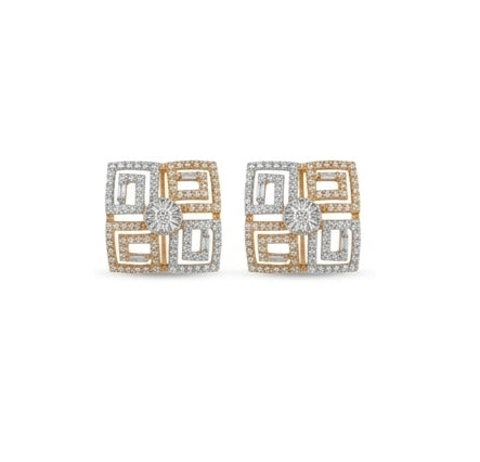 Luxury Two-Tone Square Diamond Mosaic Earrings | Greek Key Inspired Studs, Gross Wt: 6.1, Net Wt: 5.862, Diamond. Wt 1.19
