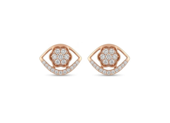 Floral Petal & Crescent Diamond Earrings | Rose Gold Flower Motif Studs, Gross Wt: 2.21, Net Wt: 2.158, Diamond. Wt 0.26
