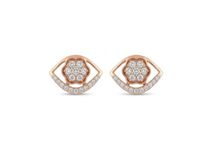 Floral Petal & Crescent Diamond Earrings | Rose Gold Flower Motif Studs, Gross Wt: 2.21, Net Wt: 2.158, Diamond. Wt 0.26