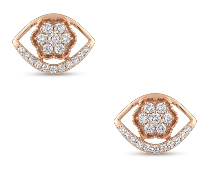 Floral Petal & Crescent Diamond Earrings | Rose Gold Flower Motif Studs, Gross Wt: 2.21, Net Wt: 2.158, Diamond. Wt 0.26
