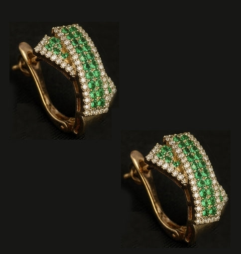 14KT Gold Emerald & Diamond Ribbon Earrings | IGI Certified, Gross Wt: 9.56, Net Wt: 9.348, Diamond. Wt 0.82, Stone.Wt 0.24