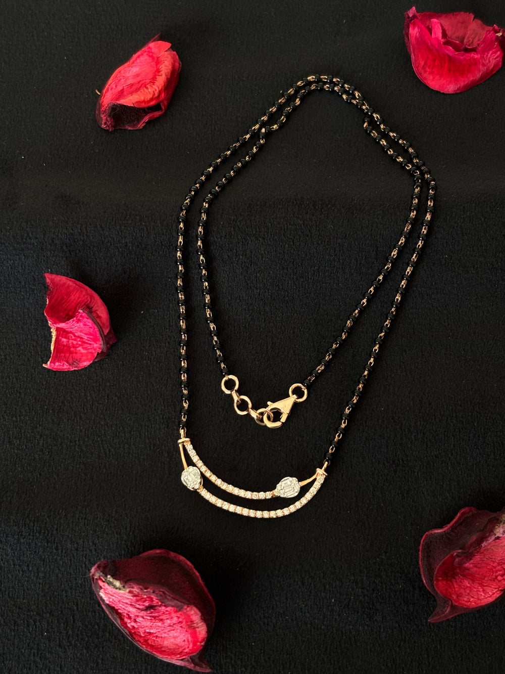 14K Gold Diamond Mangalsutra with Curved Pendant , IGI Certified 0.56 ct Diamonds, 3.4g Net Gold