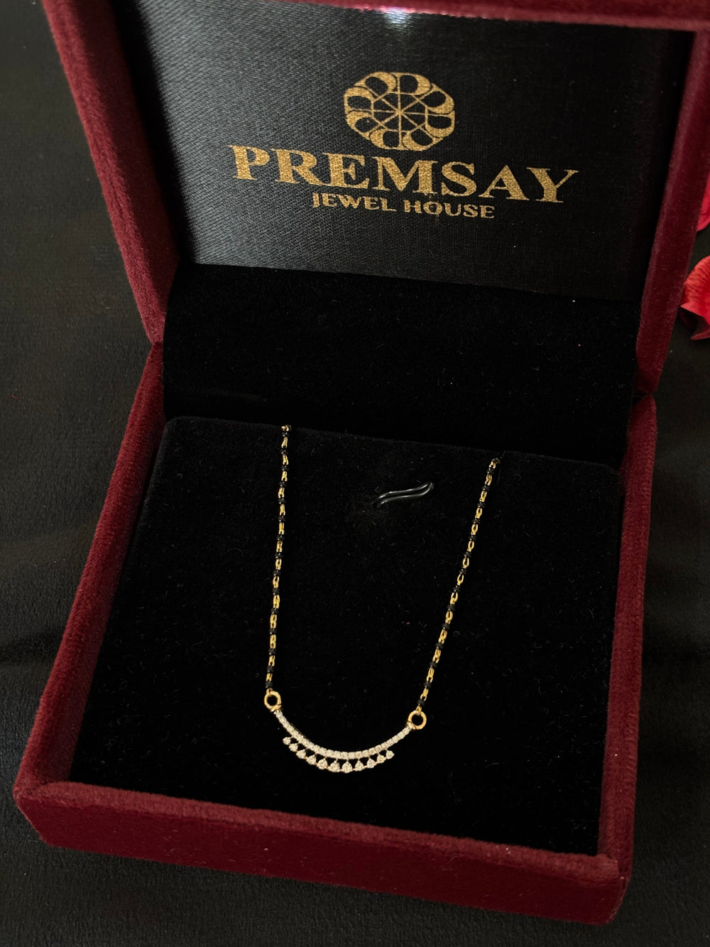 14K Gold Diamond Mangalsutra with Curved Pendant , IGI Certified 0.28 ct Diamonds, 3.064g Net Gold