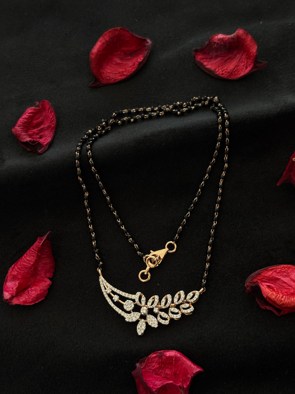 14K Gold Diamond Mangalsutra with Leaf-Inspired Pendant , IGI Certified 0.56 ct Diamonds, 5.19g Net Gold