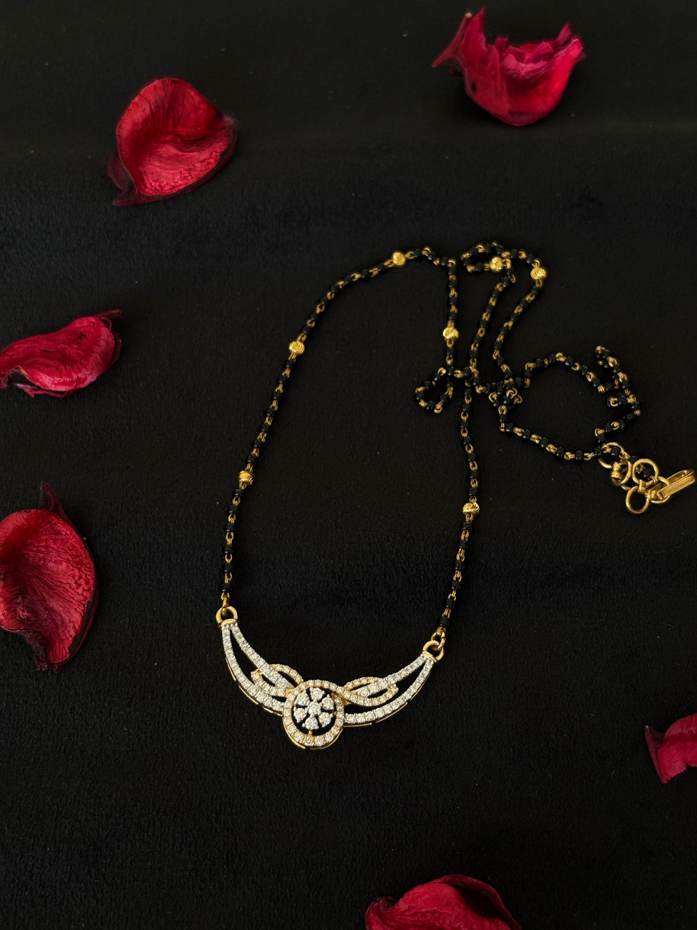 14K Gold Diamond Mangalsutra with Floral Centerpiece , 6.404g Gold , 0.89 Ct IGI Certified Diamonds