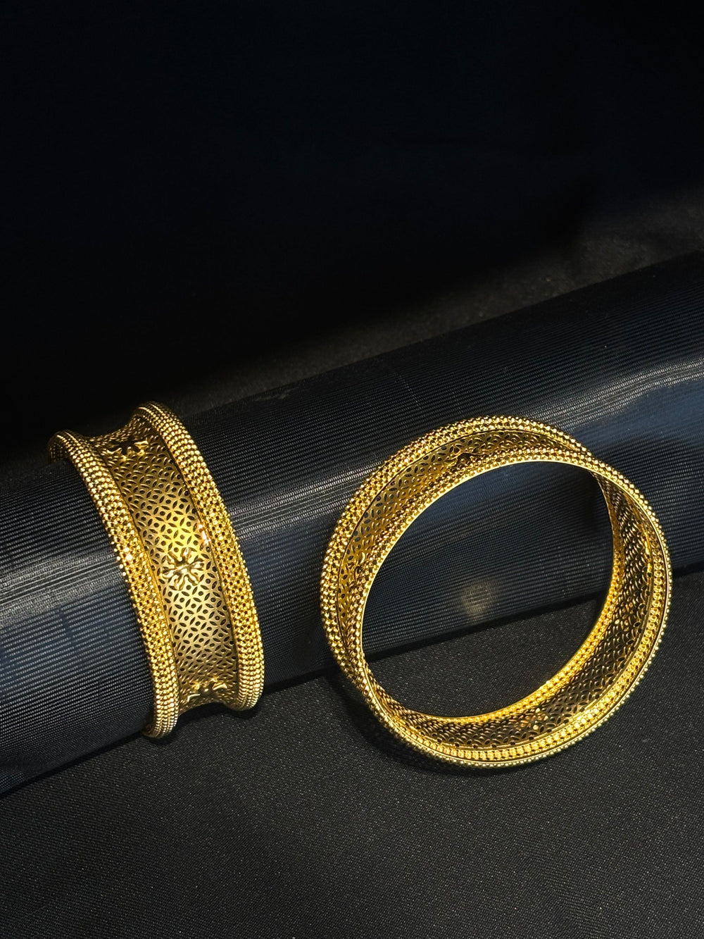 22KT Gold Bangles with Intricate Filigree & Dot Detail