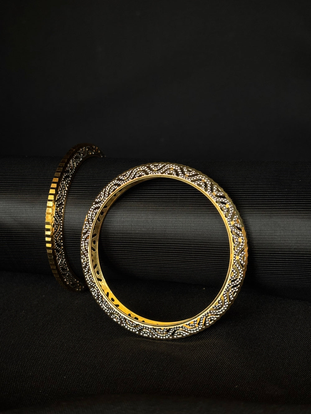22K Gold Bangles with Intricate Black & Gold Design - Set of 2