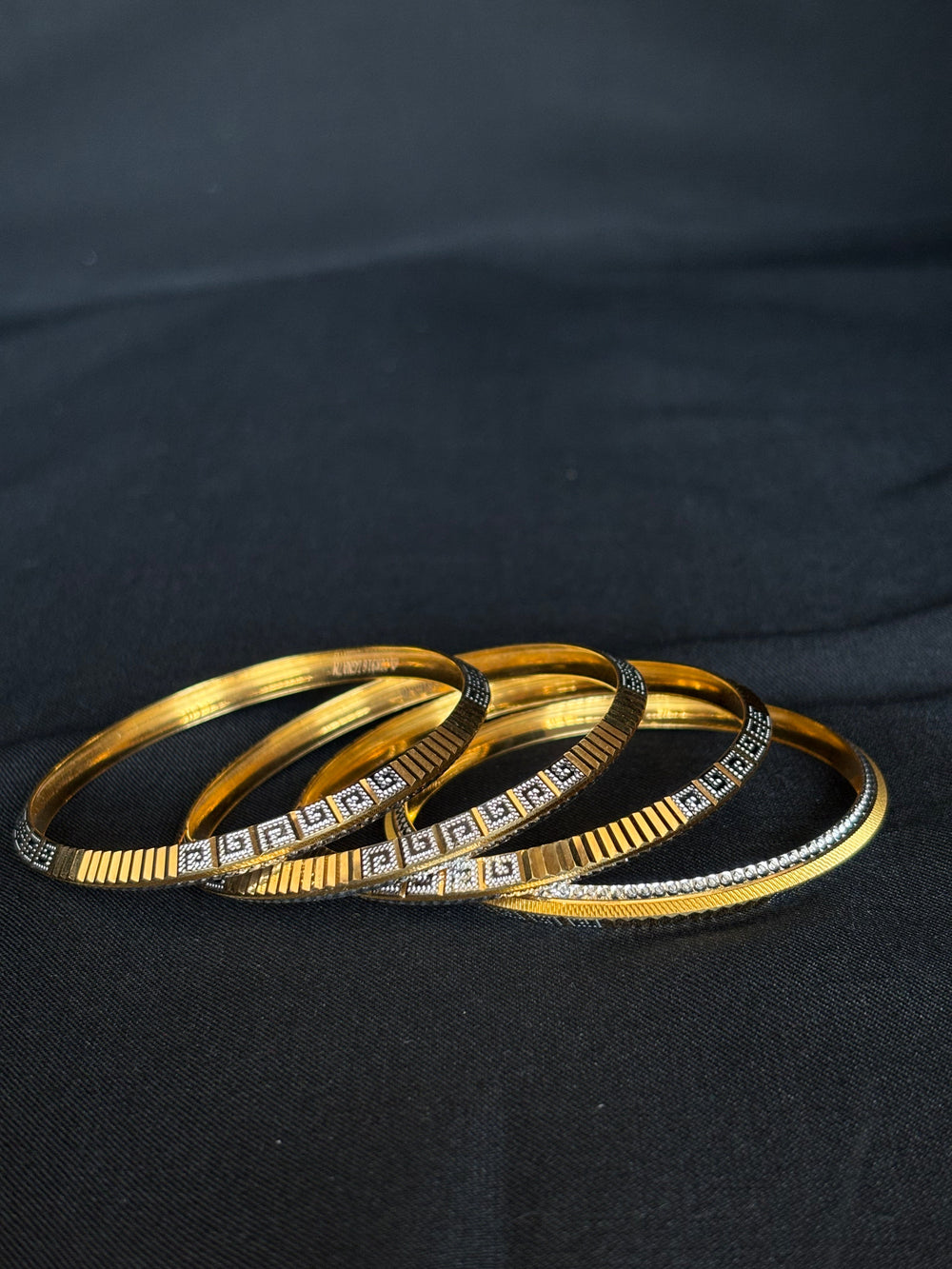 22K Gold Bangles with Geometric & Textured Accents - Set of 4